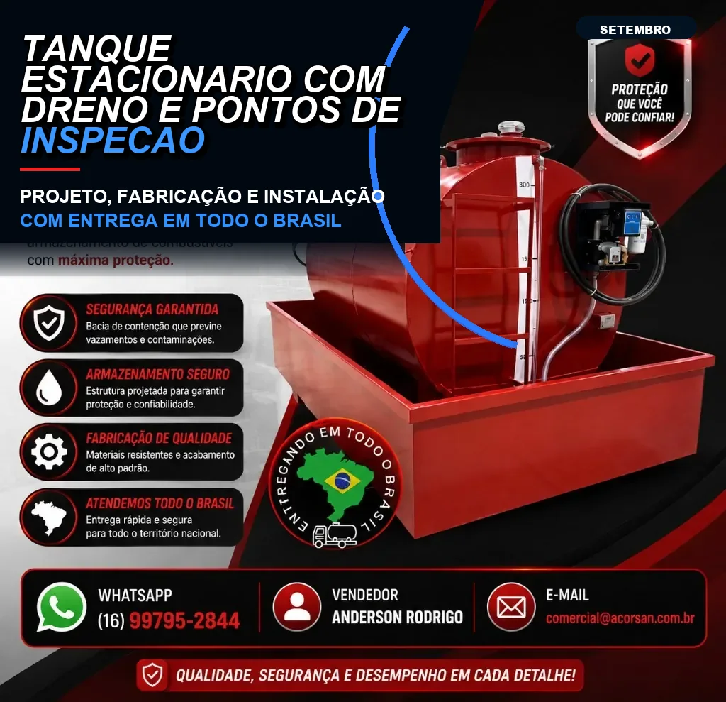 Tanque estacionário com dreno e pontos de inspeção